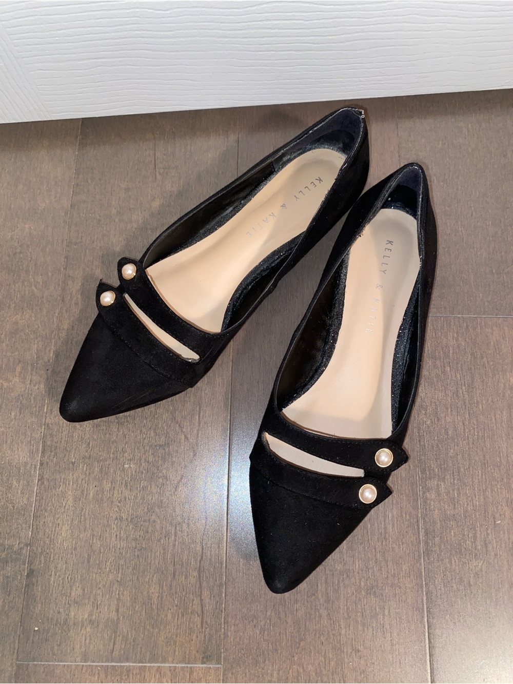 Kelly & Katie Black Pointed Flats with Pearl-Strap Detail
